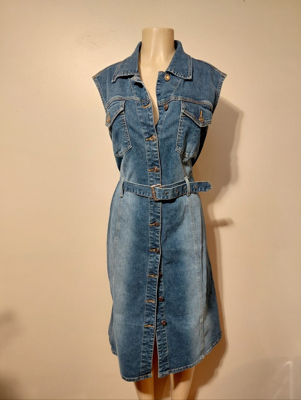 Sleeveless Blue Denim Women’s Midi Dress with Belt